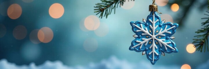 Hanging blue and white ceramic ornament in the shape of snowflake on string, snowflake, ornament, ceramic ornament