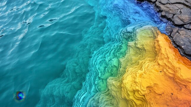 Vibrant Colors of Geothermal Pool and Rocky Shoreline in Nature - Powered by Adobe