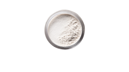 Loose Powder Perfection: An overhead shot reveals a container filled with finely milled, ethereal loose powder, a symbol of beauty and cosmetic refinement.