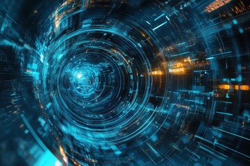 Obraz premium Futuristic tunnel of light and energy swirling around in a vibrant blend of blue and golden hues. Generative AI