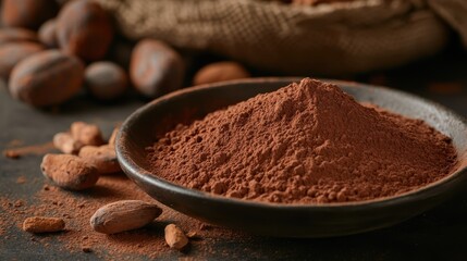 Natural Cocoa Powder in Dark Clay Bowl with Cocoa Beans Background