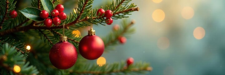 Obraz premium Hanging festive holly berries and red ornaments on a golden wooden tree branch, decoration, tree, ornament