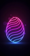 Obraz premium Neon egg shape with glowing pink and blue stripes on dark background. Easter, spring concept. Festive digital art for holiday greeting cards, nightclub posters, party invitations.