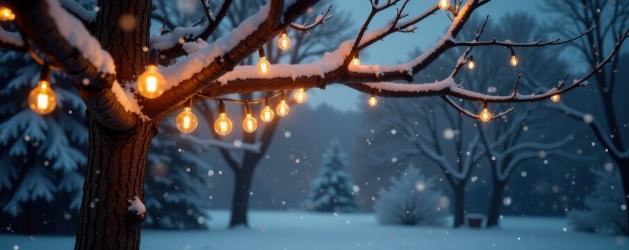 Hanging golden Christmas lights on a bare winter tree , winter, branch, decoration