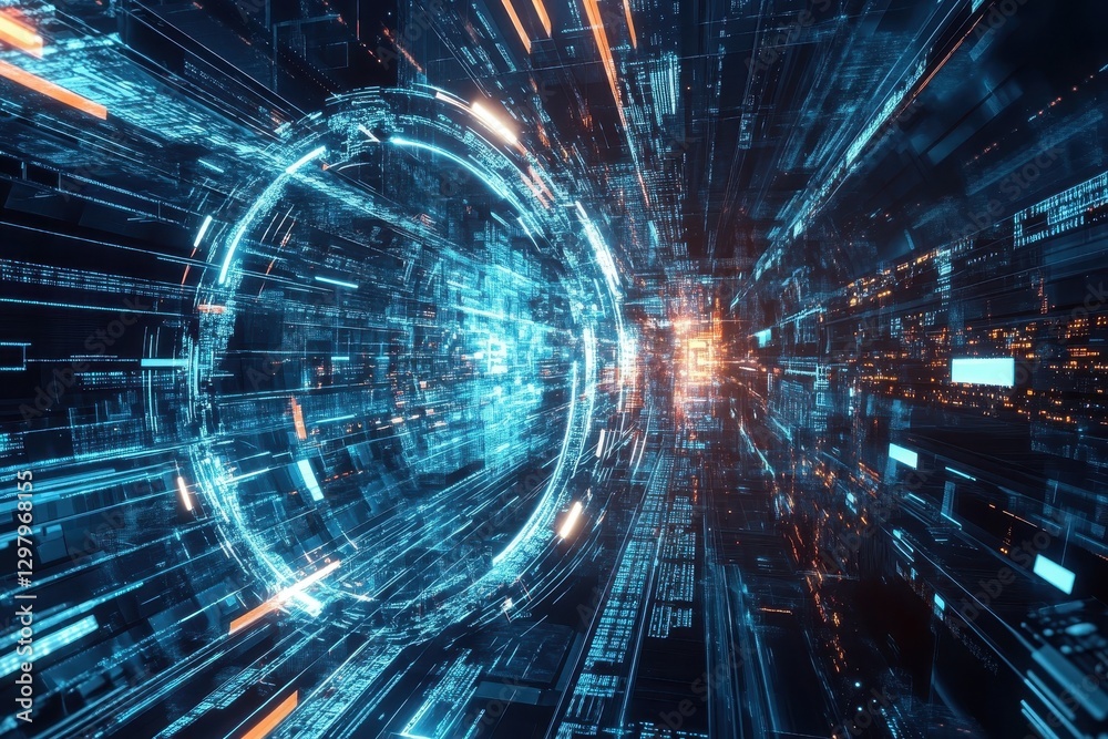 Poster Exploring the vibrant pulse of a digital universe through a burst of glowing lines and swirling patterns. Generative AI