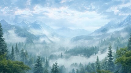 Fototapeta premium Serene Misty Mountain Landscape in Soft Morning Light