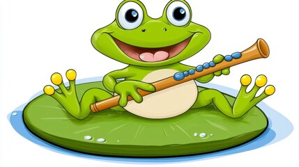 Obraz premium Cartoon Frog Playing Flute on Lily Pad in Vibrant Green Colors