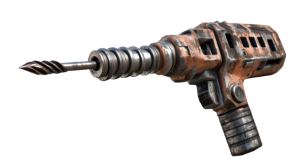 Rusty Power Drill: A close-up shot of a rugged, aged power drill, bearing the marks of time and use, yet still functional and ready for the next task.