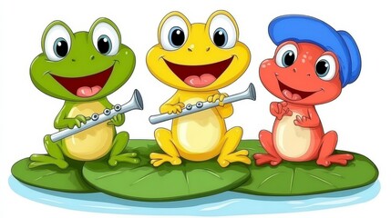 Obraz premium Cheerful Frogs Playing Instruments on Lily Pads in a Playful Scene
