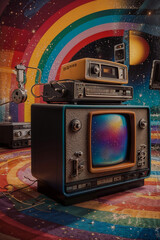 Vintage televisions and retro audio equipment create a colorful nostalgic display in a vibrant room