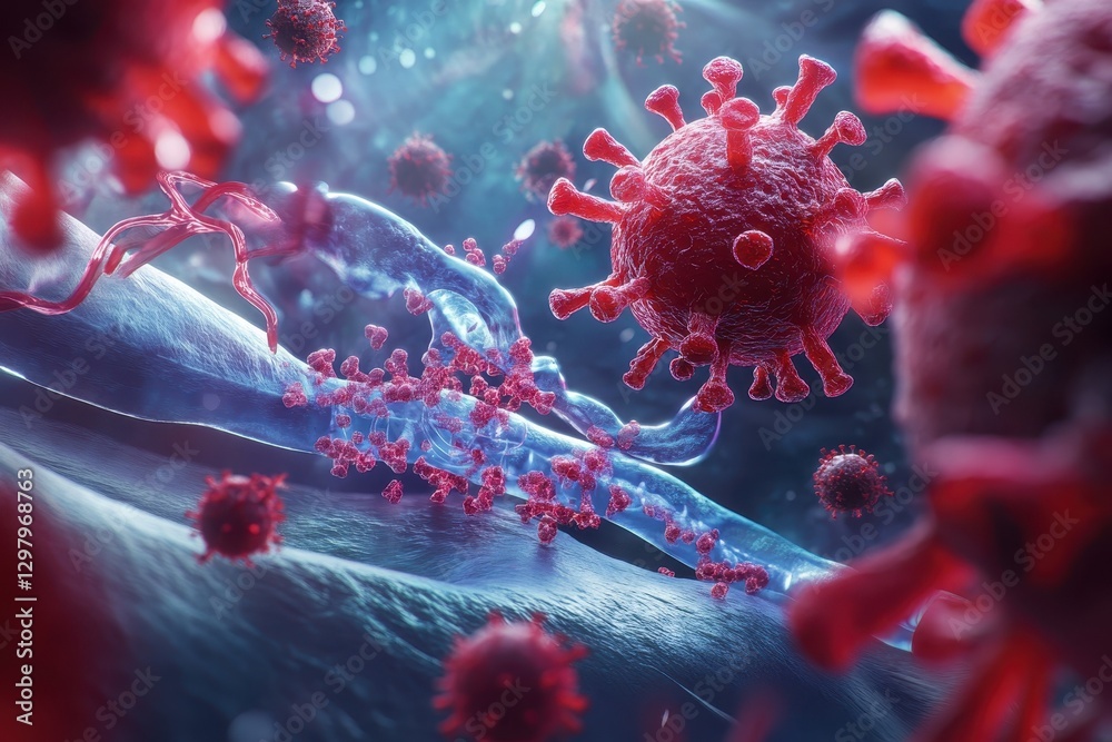 Poster microscopic view of viral structures interacting in a fluid environment with glowing details highlig