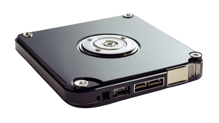 Data Storage Drive: A close-up image of a modern hard drive, emphasizing its sleek design and essential role in data storage, perfectly captured to highlight its technology and connectivity