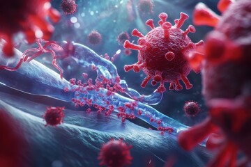 Microscopic view of viral structures interacting in a fluid environment with glowing details highlighting the dynamic activity. Generative AI