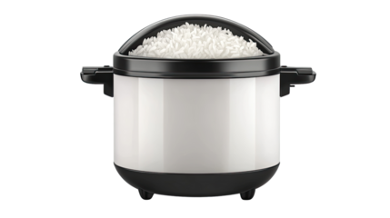 Modern Rice Cooker: A sleek, contemporary rice cooker overflows with fluffy, perfectly cooked rice, symbolizing convenience and the art of effortless home cooking