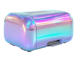 Futuristic holographic printer isolated on white background. Stylish, glossy, iridescent printing device with a modern, high-tech aesthetic.