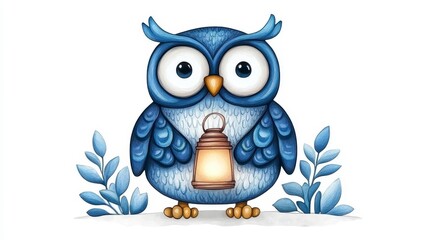 Fototapeta premium Cute Cartoon Owl Holding a Lantern Surrounded by Green Leaves