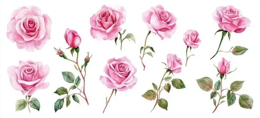 Watercolor pink roses collection; blossoms, buds, stems & leaves isolated on white.