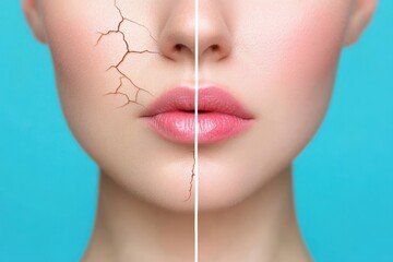 Split Face Concept Showing Skin Health and Dryness on a Blue Background