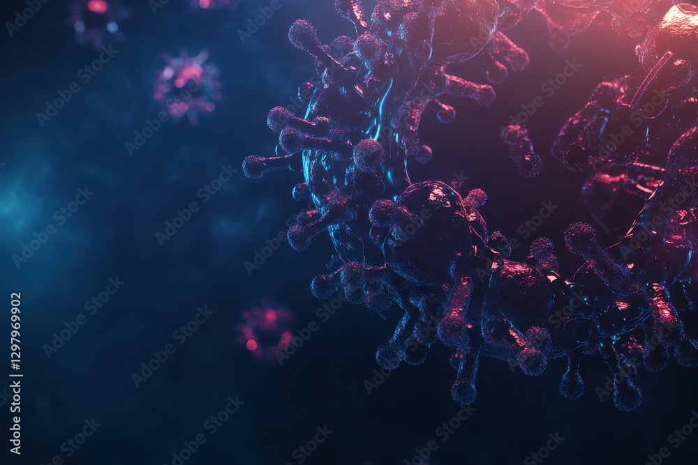 Poster intricate details of microscopic virus structures illuminated in vibrant colors against a dark backg
