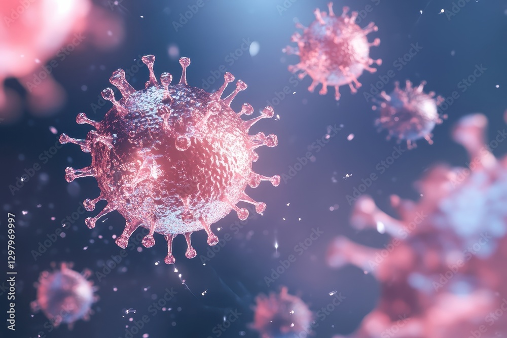 Poster colored depiction of microscopic viruses highlighting their intricate structures and textures in an 