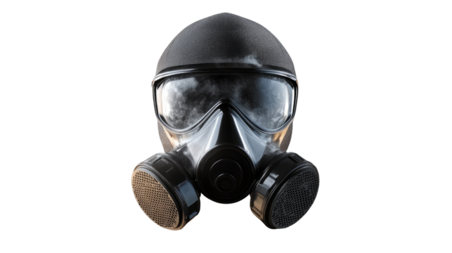 Protective Shield: A close-up shot of a gas mask, highlighting its robust design and emphasizing protection against hazardous environments. 