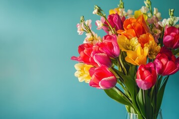 Fototapeta premium Vibrant bouquet of multicolored tulips and blossoms against a turquoise background celebrates the beauty of springtime blooms. Generative AI