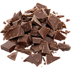 A pile of broken chocolate pieces isolated on a transparent background