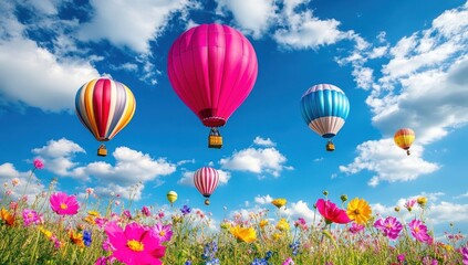 Obraz premium Colorful hot air balloons soar over vibrant flower field under a sunny sky.
