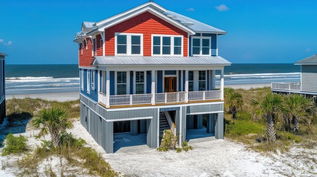 Red and blue beachfront house on sandy beach.