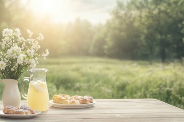 Sunlit outdoor scene with refreshing lemonade, cookies, and bloo
