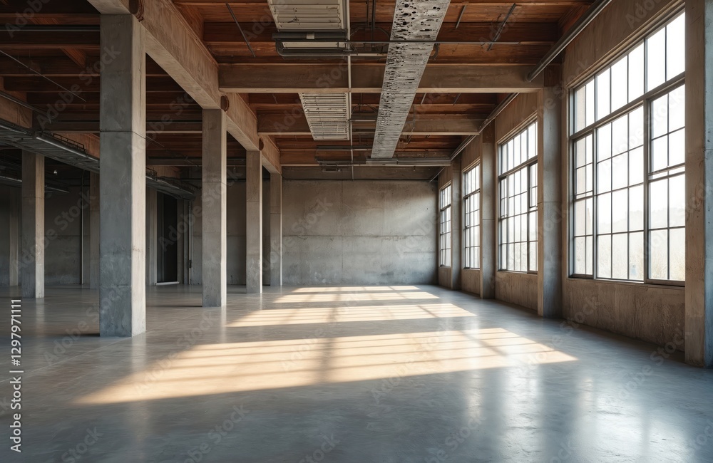 Poster Adaptive reuse transforms warehouse into bright open office space. Generative AI renovation project features concrete columns, wood ceiling, natural light. Industrial building architecture with large