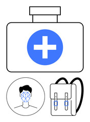 Fototapeta premium First aid kit, facial recognition illustration, and backpack emphasizing healthcare, digital identity, travel preparedness, emergency response, self-care, protection wellness. Abstract line flat