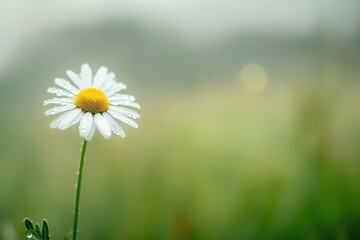 Delicate daisy shines with fresh dew in a tranquil green landscape at dawn. Generative AI