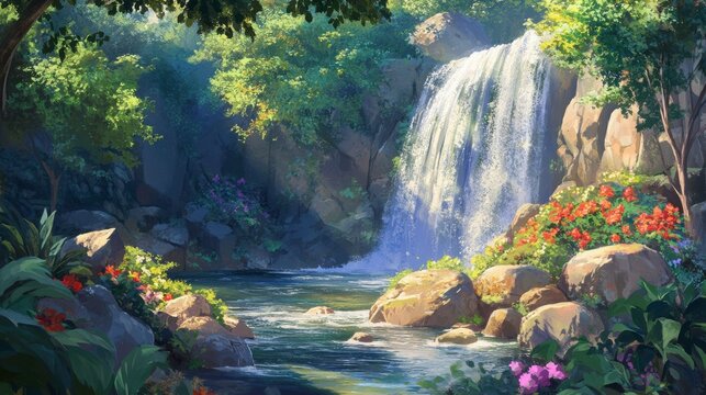 Serene Mountain Stream with Lush Greenery and Reflection