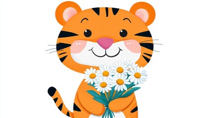 Cute Cartoon Tiger Holding a Bouquet of White Daisies