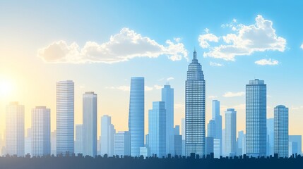 Fototapeta premium Futuristic cityscape background with vibrant sunrise and skyscrapers shining with a sense of progress and technological innovation