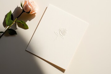 Elegant embossing contrasts with soft pastel hues in a serene arrangement featuring a delicate rose and textured stationery. Generative AI