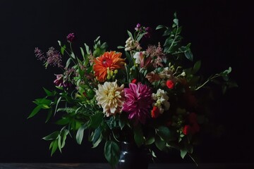 Obraz premium Vibrant bouquet of mixed flowers in a dark setting, capturing nature's beauty and elegance with rich colors and textures. Generative AI
