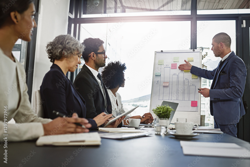 Poster chart, presentation and sales with business people in meeting for profit margin, graph and stock per