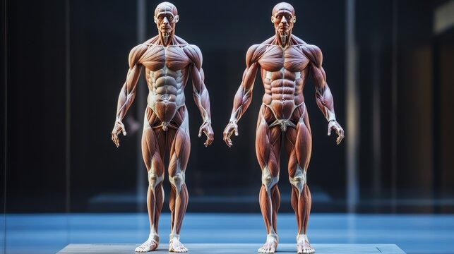 Full-body anatomical model showing male and female muscle variations.