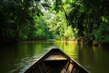 Serenity unfolds as a wooden boat glides through the lush green wilderness of a vibrant tropical river. Generative AI