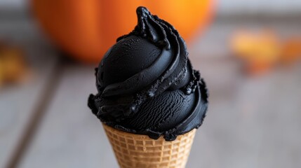 Halloween photo: black ice cream in a cone against a pumpkin background . 