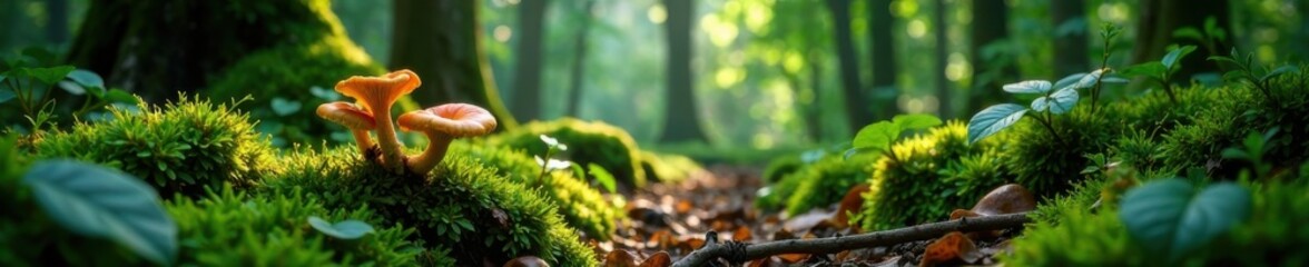 Leafy forest floor with organic elements like fungi and moss, botanicals, flora, moss