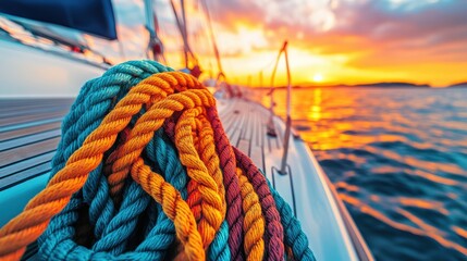Obraz premium Vibrant Sunset Reflections Over Water with Colorful Sailing Ropes on a Yacht in a Serene Seascape: A Tranquil Moment Captured at Dusk