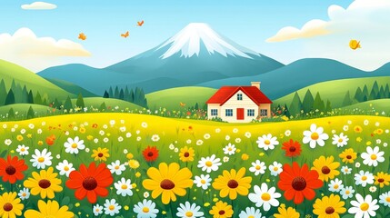 Fototapeta premium Enchanting countryside getaway serene house nestled among blossom field against breathtaking mountain scenery picturesque springtime harmony