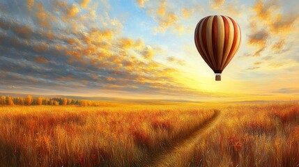 Obraz premium Hot air balloon journey over golden field at warm sunset romantic adventure conceptual journey escape travel exploration