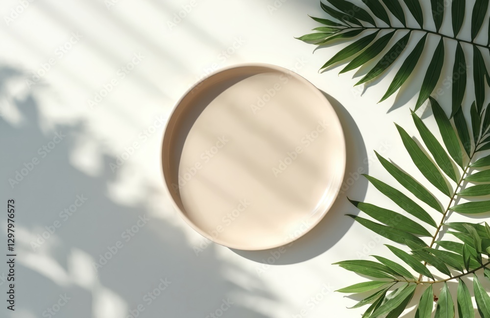 Aufkleber Minimalist shot of empty beige plate with palm leaf shadows on white background. Top view food presentation scene with natural light. Clean simple modern style design for branding projects.