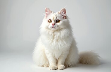 Fluffy turkish angora cat with long white fur sits gracefully. Odd colored gold eyes pet looks calm, cute. Animal isolated on white background. Concept of pet care.