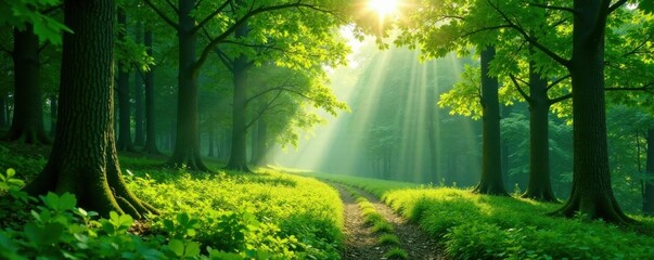 Obraz premium lush green forest with tall trees and dappled sunlight filter, exposure, sunlight filter, natural light
