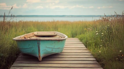 Fototapeta premium Tranquil View of an Abandoned Blue Wooden Rowboat on a Scenic Dock Surrounded by Lush Green Grass and Peaceful Waters Under a Cloudy Sky